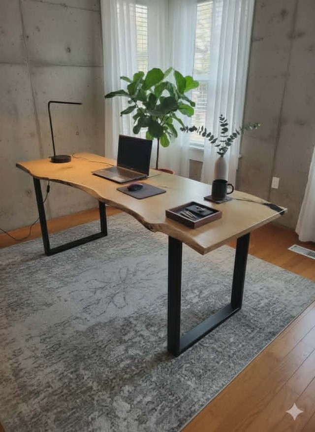 Bureau en bois massif à bordure naturelle avec pieds métalliques noirs, aménagé dans un bureau à domicile — Les Bois Rustiques MG