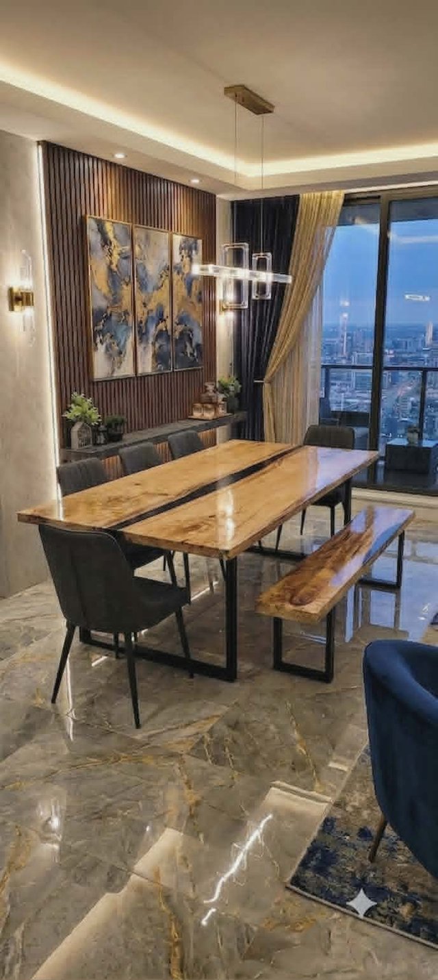 Table de salle à manger en bois massif à rivière d'époxy foncée, avec banc assorti et pieds en métal noir, dans un condo avec vue sur la ville — Les Bois Rustiques MG