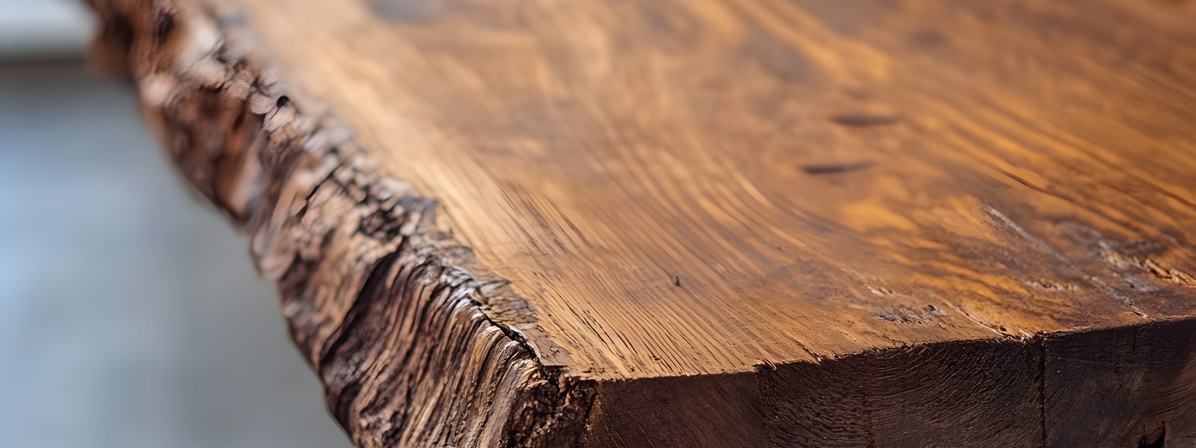 Gros plan sur la surface et la bordure naturelle d'une table en bois massif — image d'inspiration