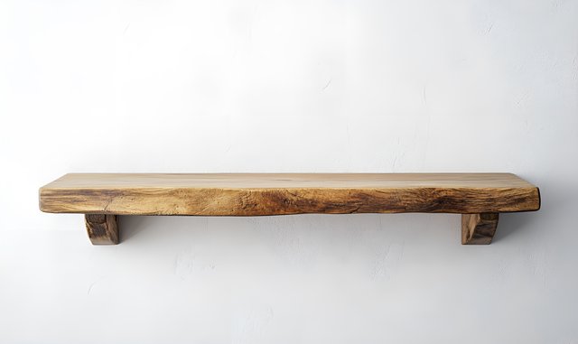 Tablette murale en bois massif à bordure naturelle, fixée sur un mur blanc — idée de projet