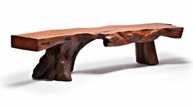 Banc en bois massif à bordure naturelle reposant sur une base en racine sculptée — idée de projet
